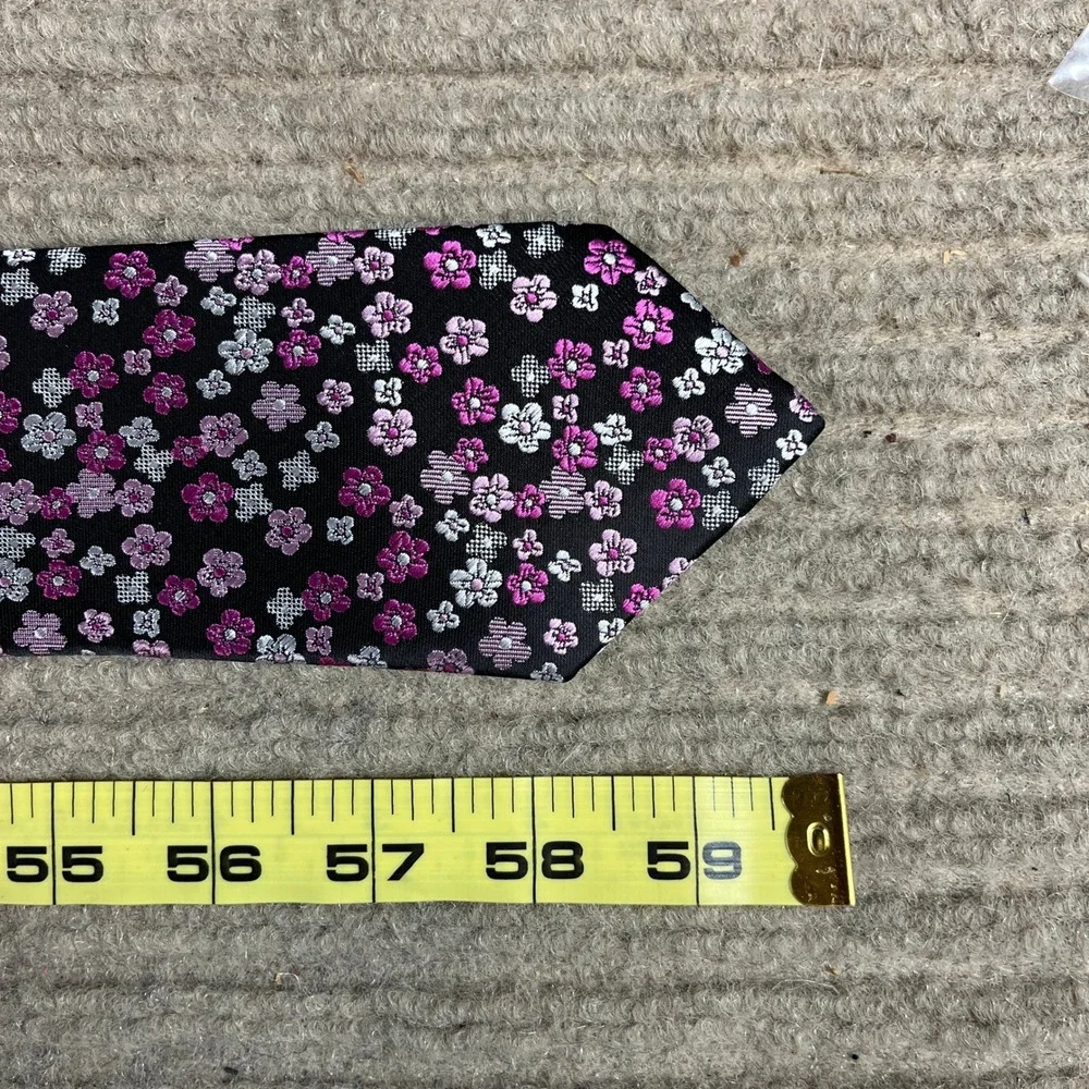 Bespoke New York Mens Necktie Black Pink Purple Floral Flower Print Polyester